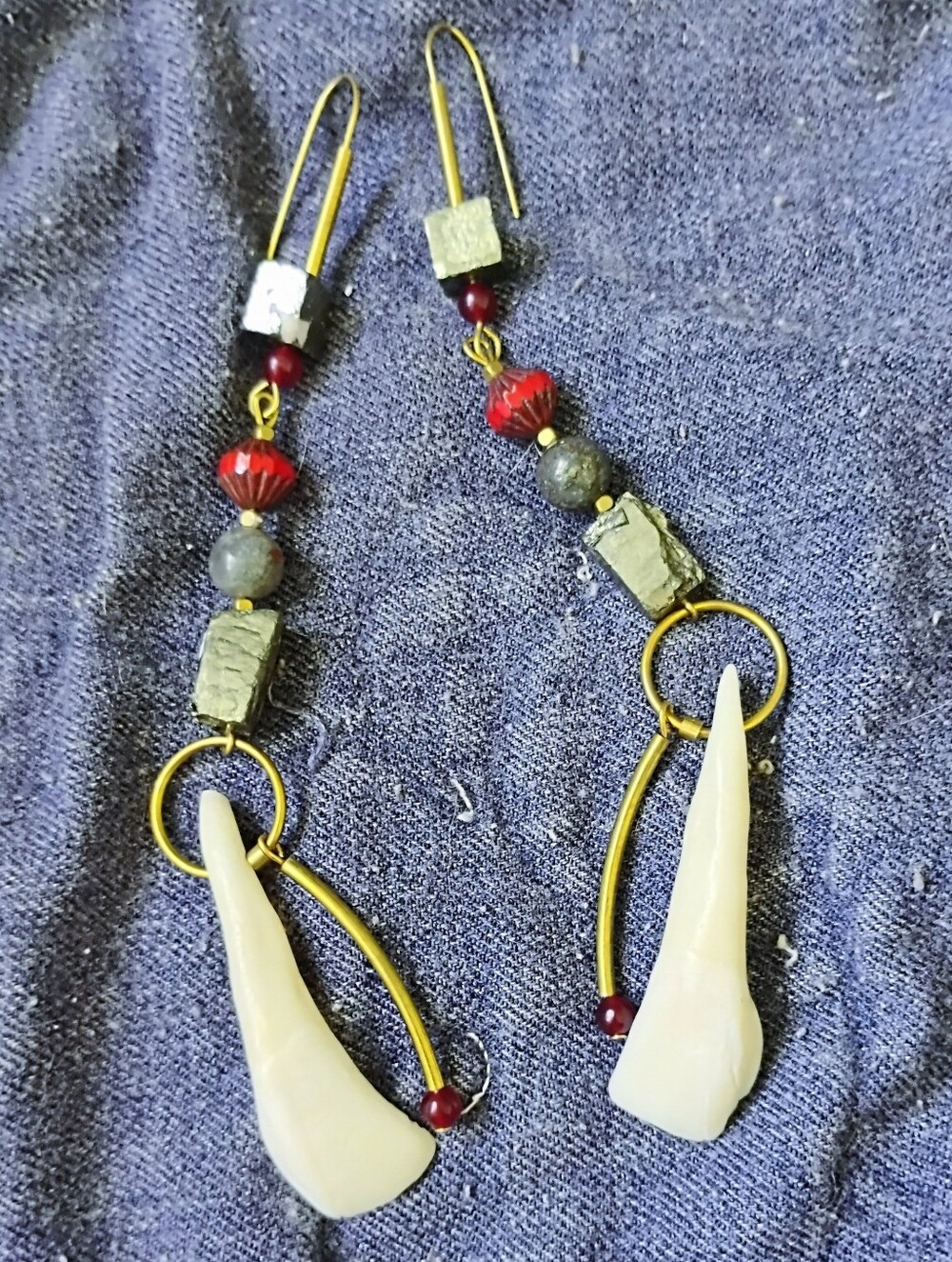 Beautiful XL Buffalo Tooth and Pyrite Statement Earrings